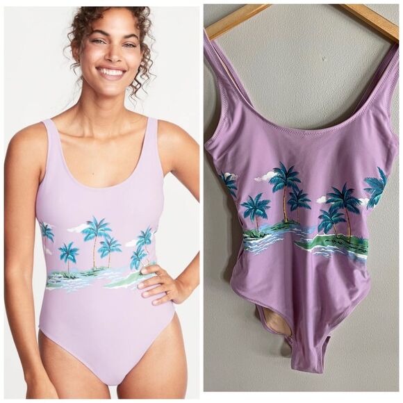 OLD NAVY new palm tree purple scoop back one piece swim suit - Picture 1 of 8
